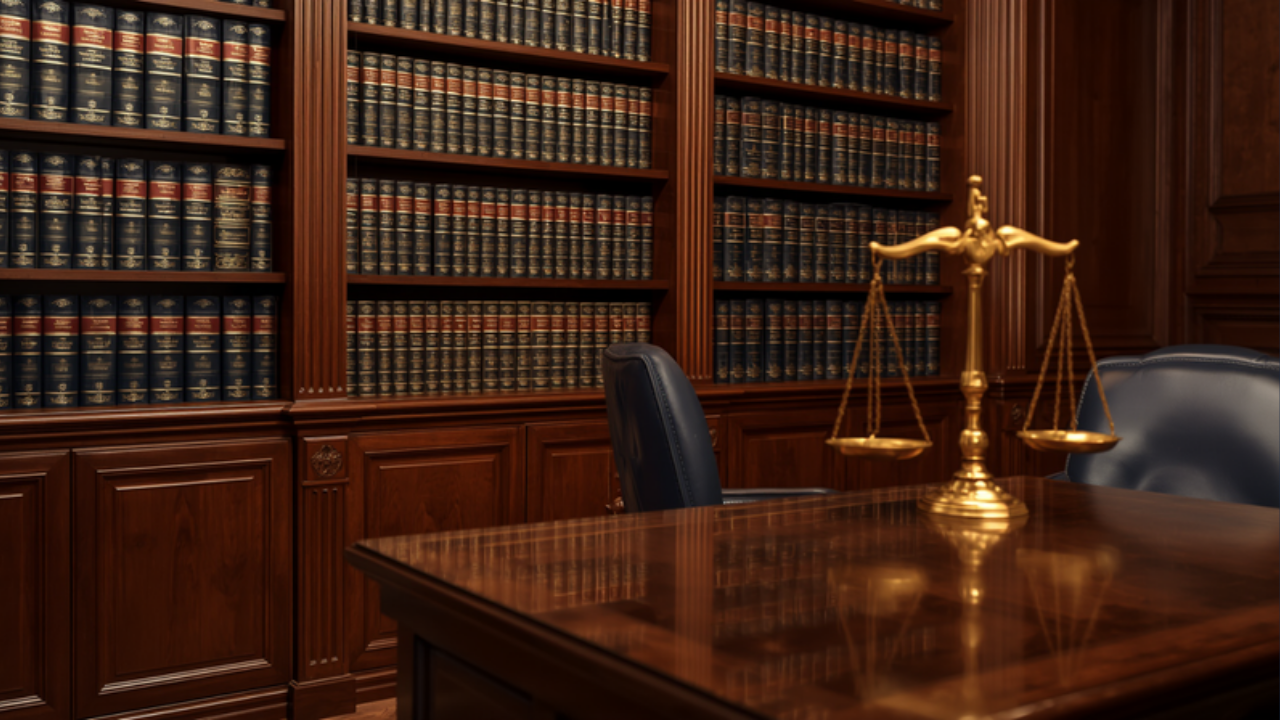 Despacho con libros jurídicos y balanza de la justicia — asesoría jurídica para comunidades