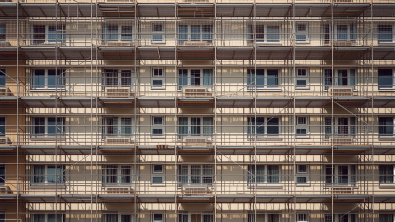 Fachada de edificio con andamios en rehabilitación — obras y mantenimiento de comunidades